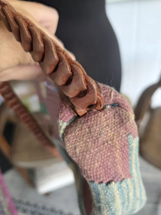 Vintage 90s Kilim Pink Multicolor Woven Crossbody Bag with Braided Brown Strap - Picture 9 of 15